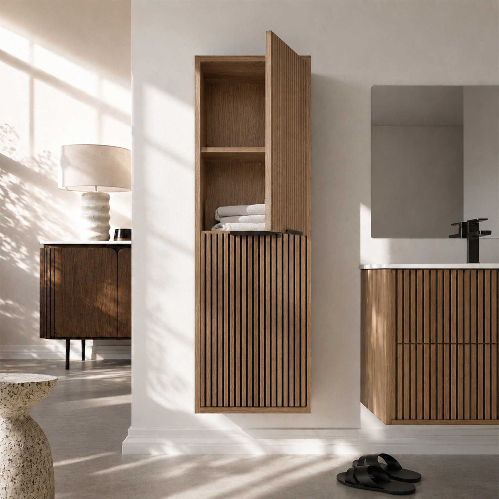 Meuble Colonne 2 Portes avec Façades Crantées Décor Chêne et Noir - 35x30x120cm - YUKI