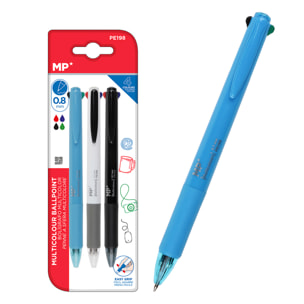 12 PACKS BOLÍGRAFO 4 COLORES 3 Uds. Cuerpo azul, negro y blanco.