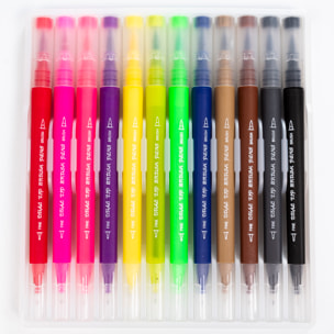 Set 12 Rotuladores color doble punta, punta fina 0,4 mms y punta pincel acuarelable profesional. Forma triángular ergonómica para lettering, caligrafía, ilustraciones…