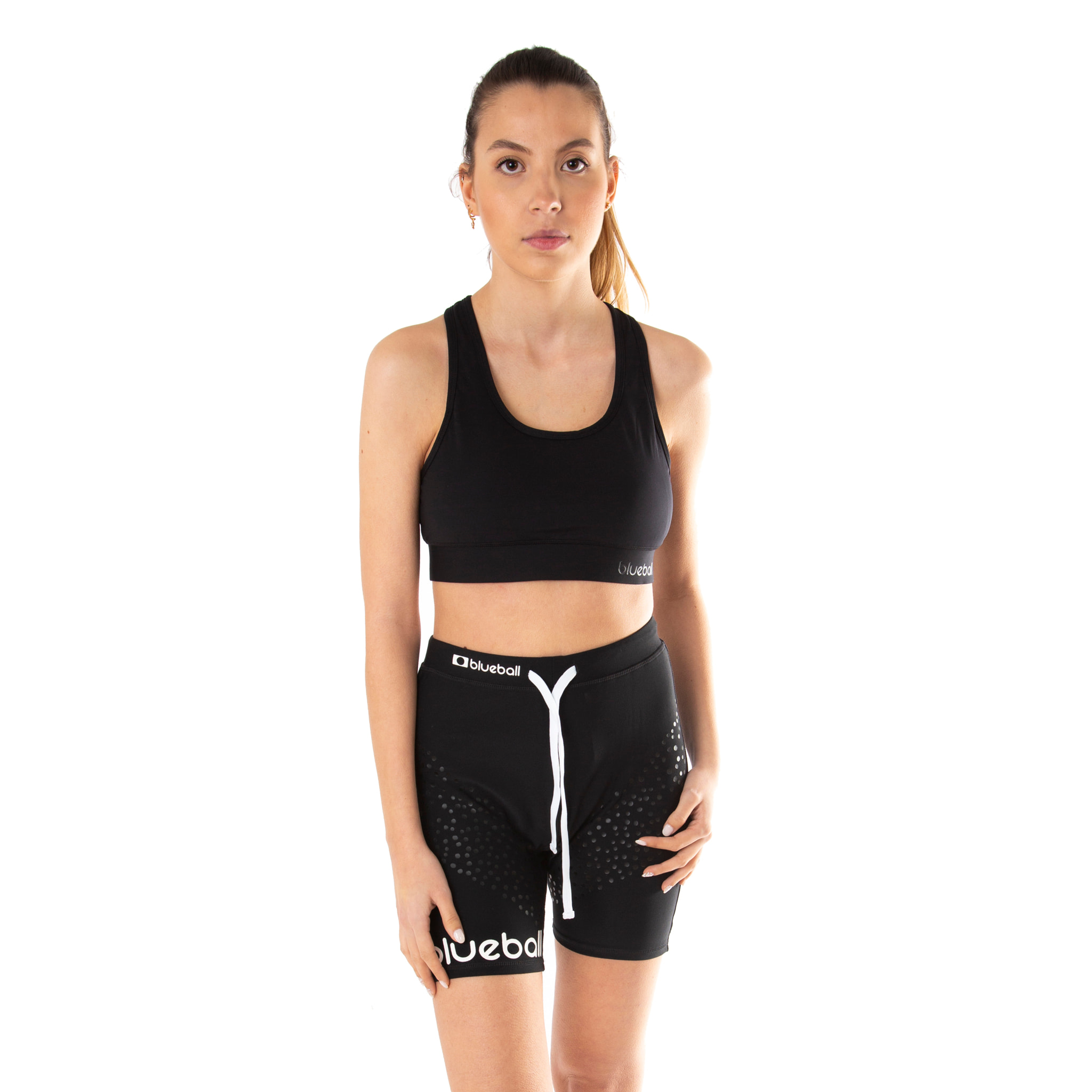 LEGGINGS DE COMPRESIÓN RUNNING PARA MUJER DE LARGO CORTO BLUEBALL EN NEGRO CON LOGO BLANCO Y CUERDAS