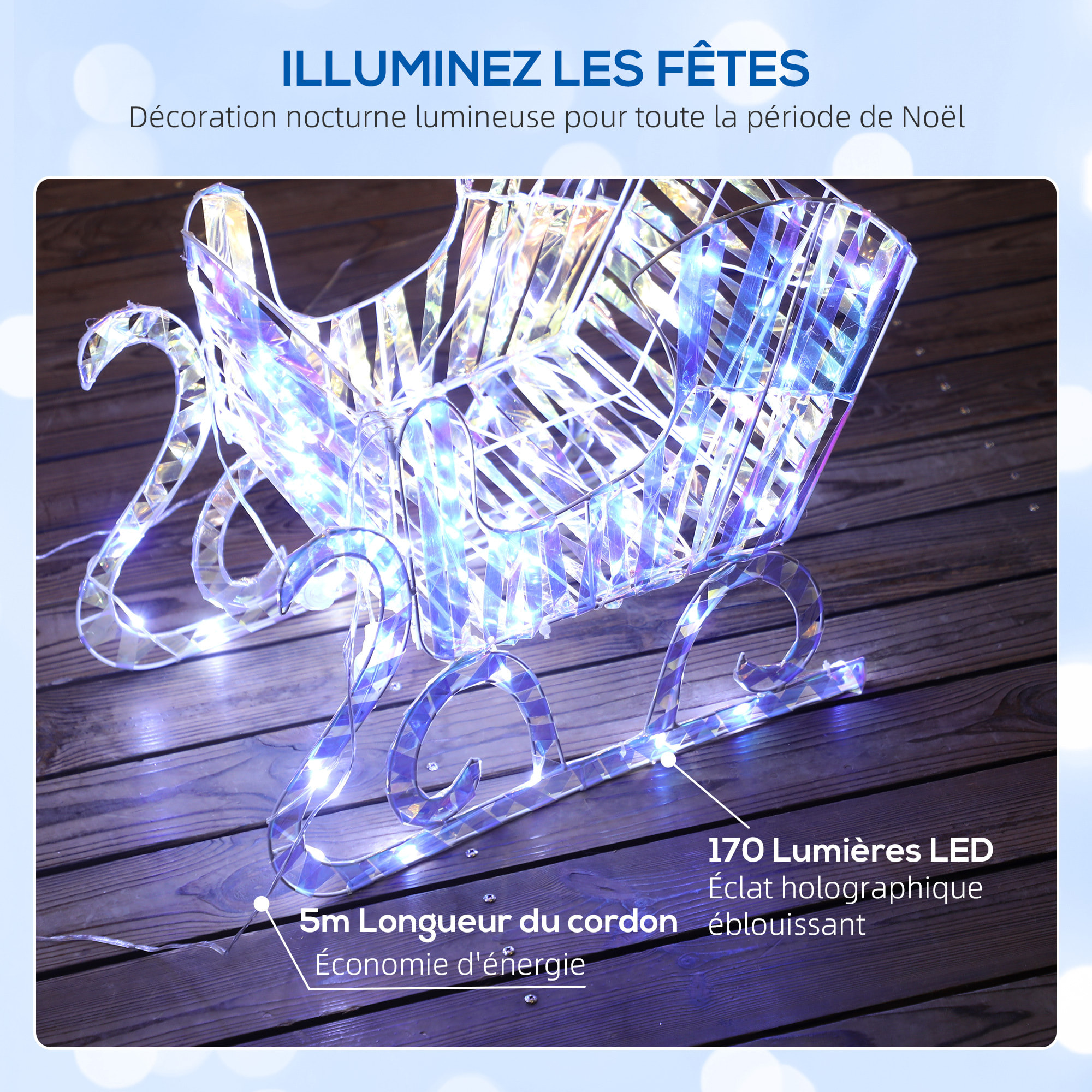 Silhouette renne lumineux avec traîneau - renne et traîneau lumineux de Noël - décoration LED extérieure de Noël - 170 LED blanc froid