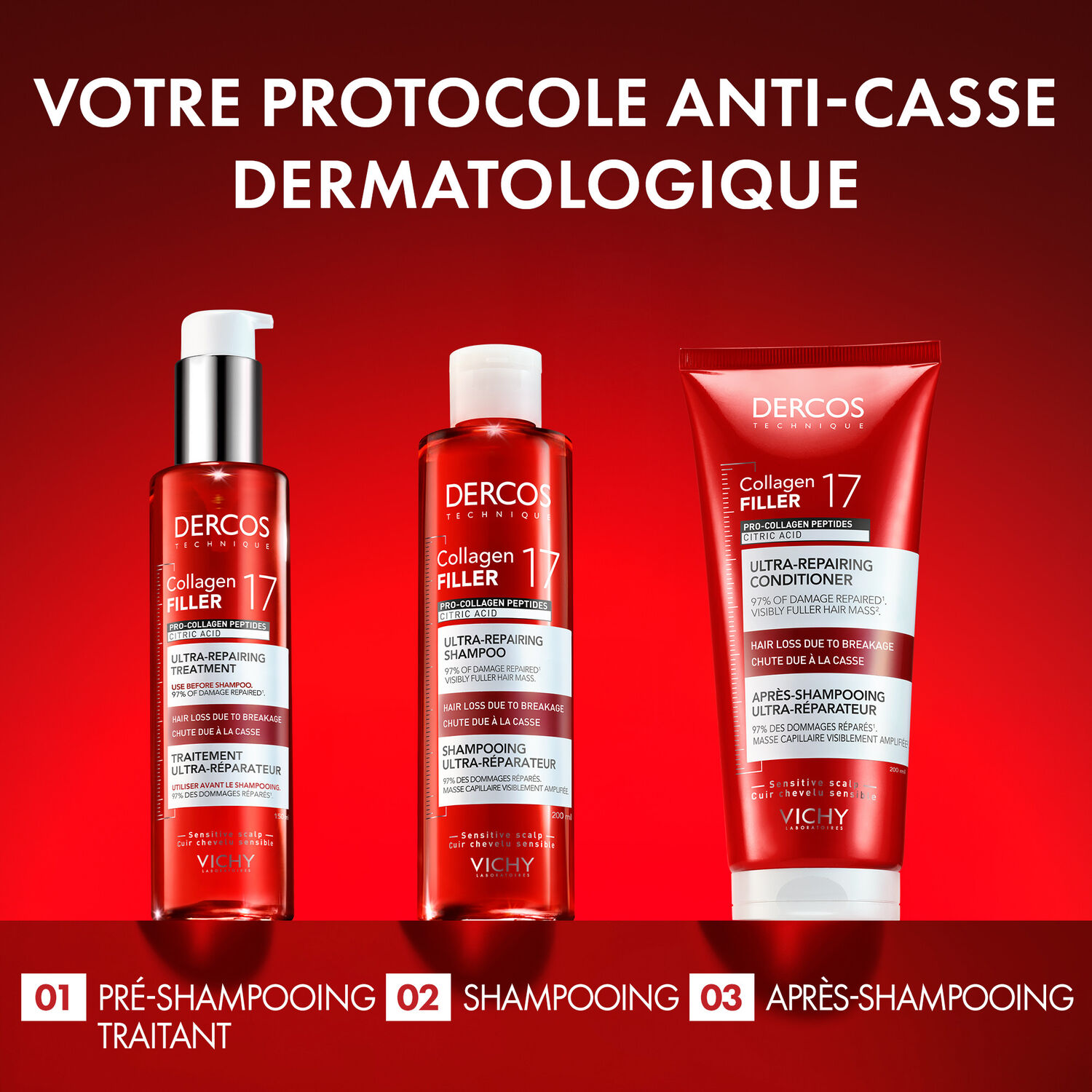 Dercos Collagen Filler - Shampoing Fortifiant Réparateur Intense Anti-Casse