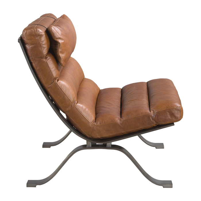 Sillón con asiento y respaldo tapizados en piel de origen vacuno marrón oscuro patas de acero inoxidable lacado efecto metalizado 66x96x90cm