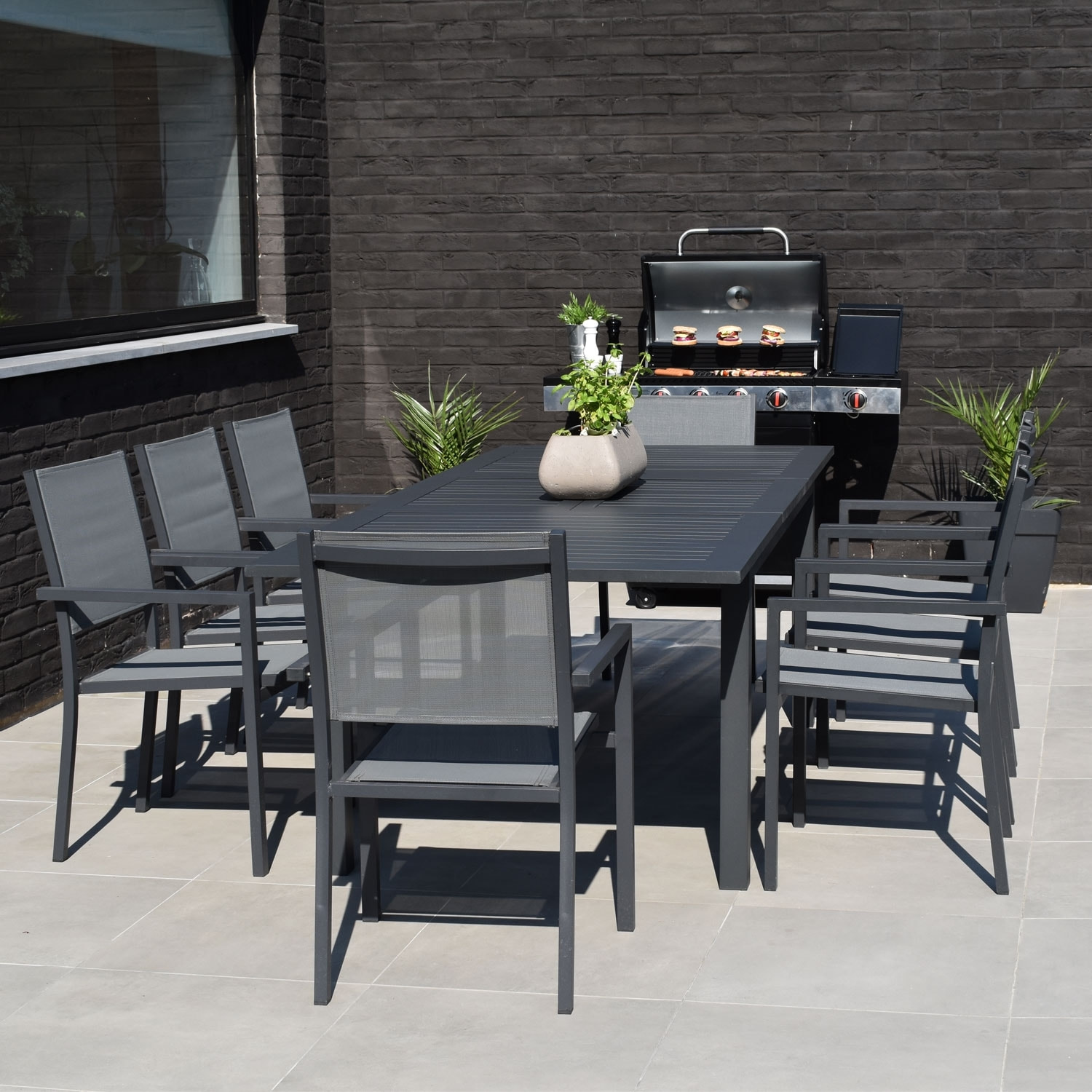 Salon de jardin CAPRI extensible en textilène gris 8 places - aluminium anthracite