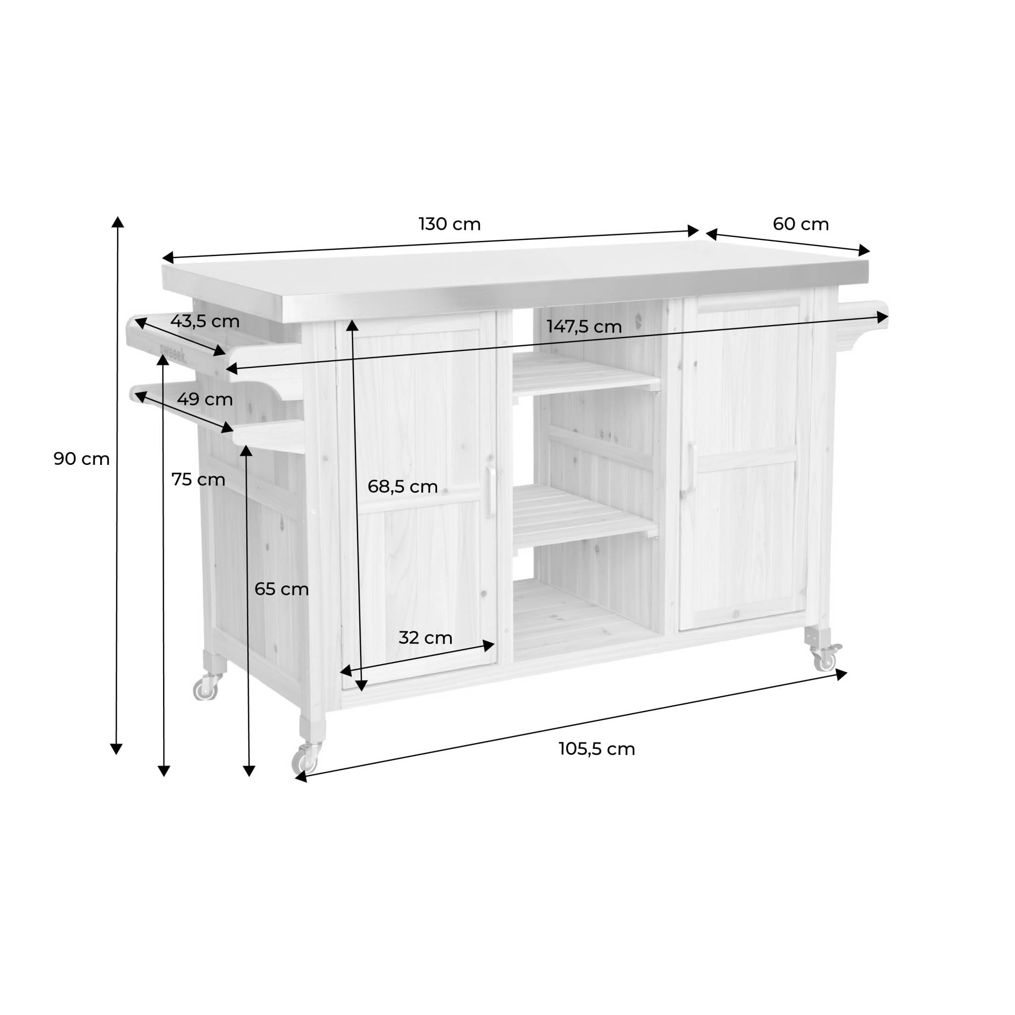 Cuisine d'extérieure 130cm bois avec poignées. 7 espaces de rangement L 130 x l 60 x h 89.5cm