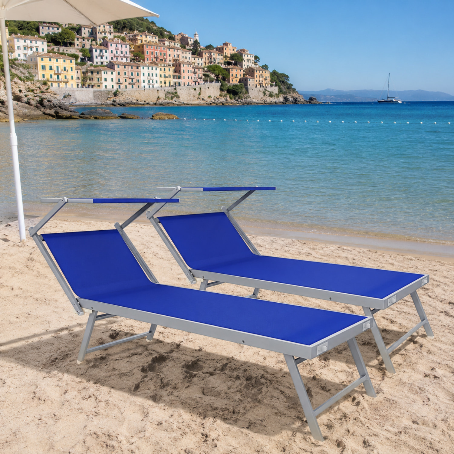 Coppia Di Lettini Prendisole Pieghevole Professionale Alluminio Tessuto Textilene Tettuccio Orientabile Parasole Sdraio Mare Spiaggia 182x60x38 cm Blu