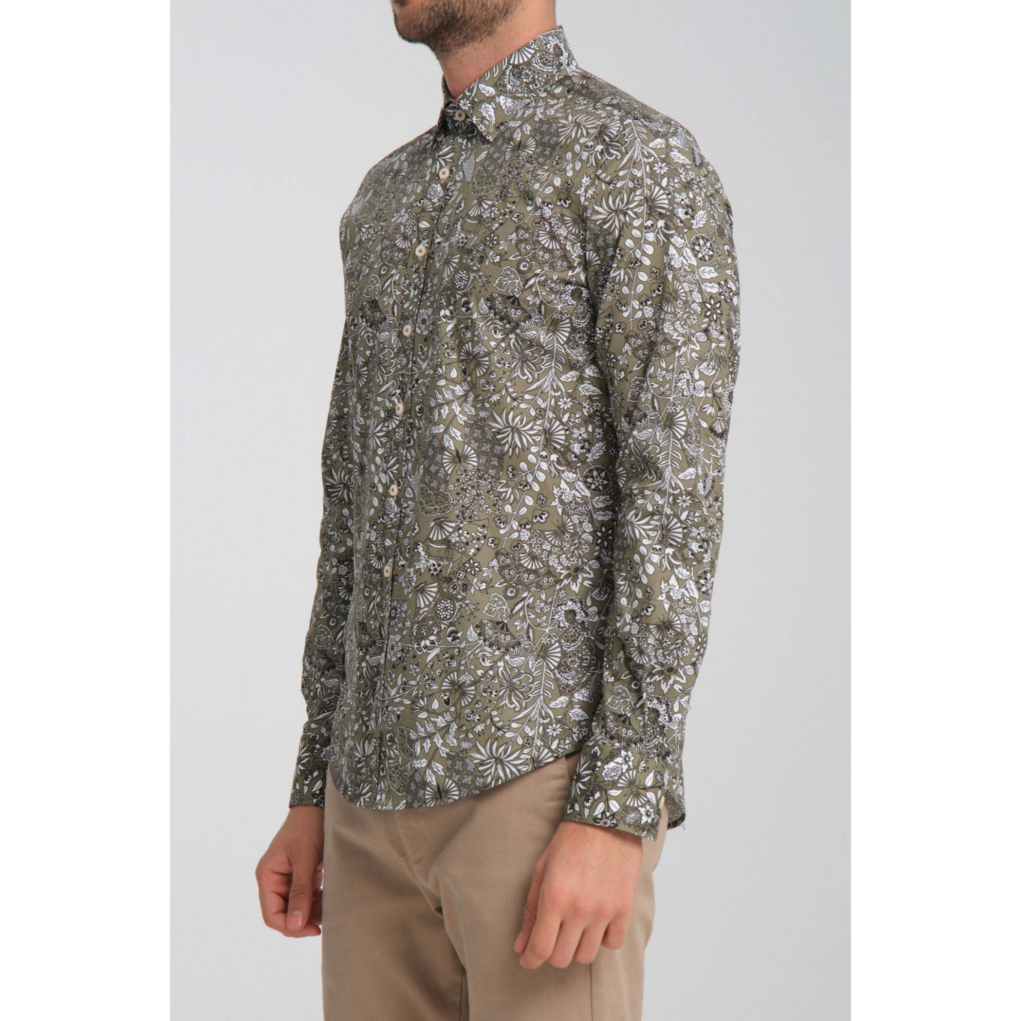 camicia uomo 1 bottone button down slim Popeline Stretch Stampato Verde Bianco