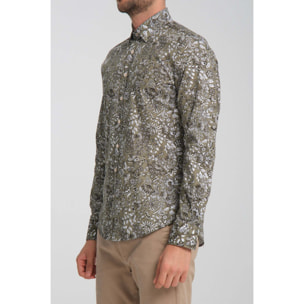 camicia uomo 1 bottone button down slim Popeline Stretch Stampato Verde Bianco