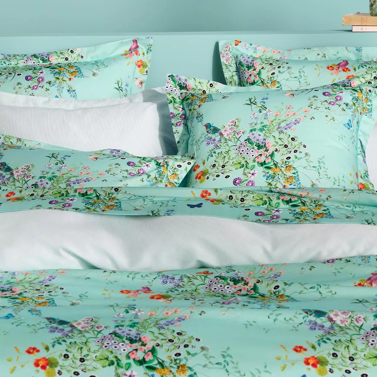 Taie d'oreiller satin de coton 115 g/m² imprimé bleu vert Le printemps azur