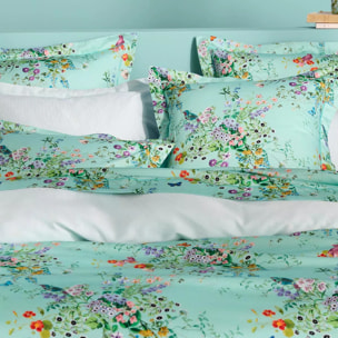 Taie d'oreiller satin de coton 115 g/m² imprimé bleu vert Le printemps azur