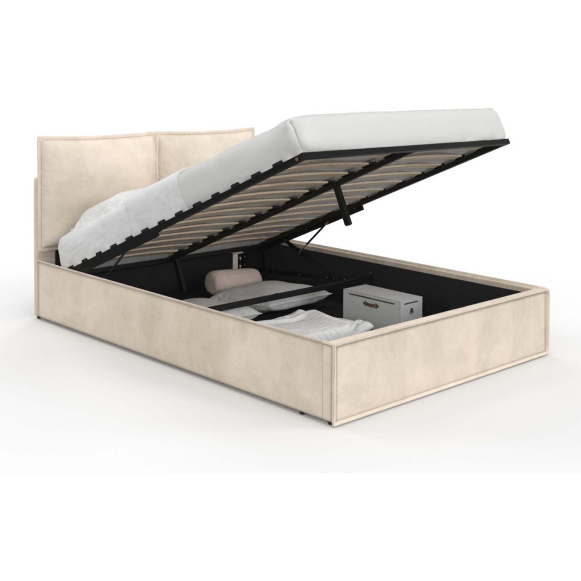 Lit coffre Lilou en velours beige avec sommier et tête de lit effet oreiller 140x190cm