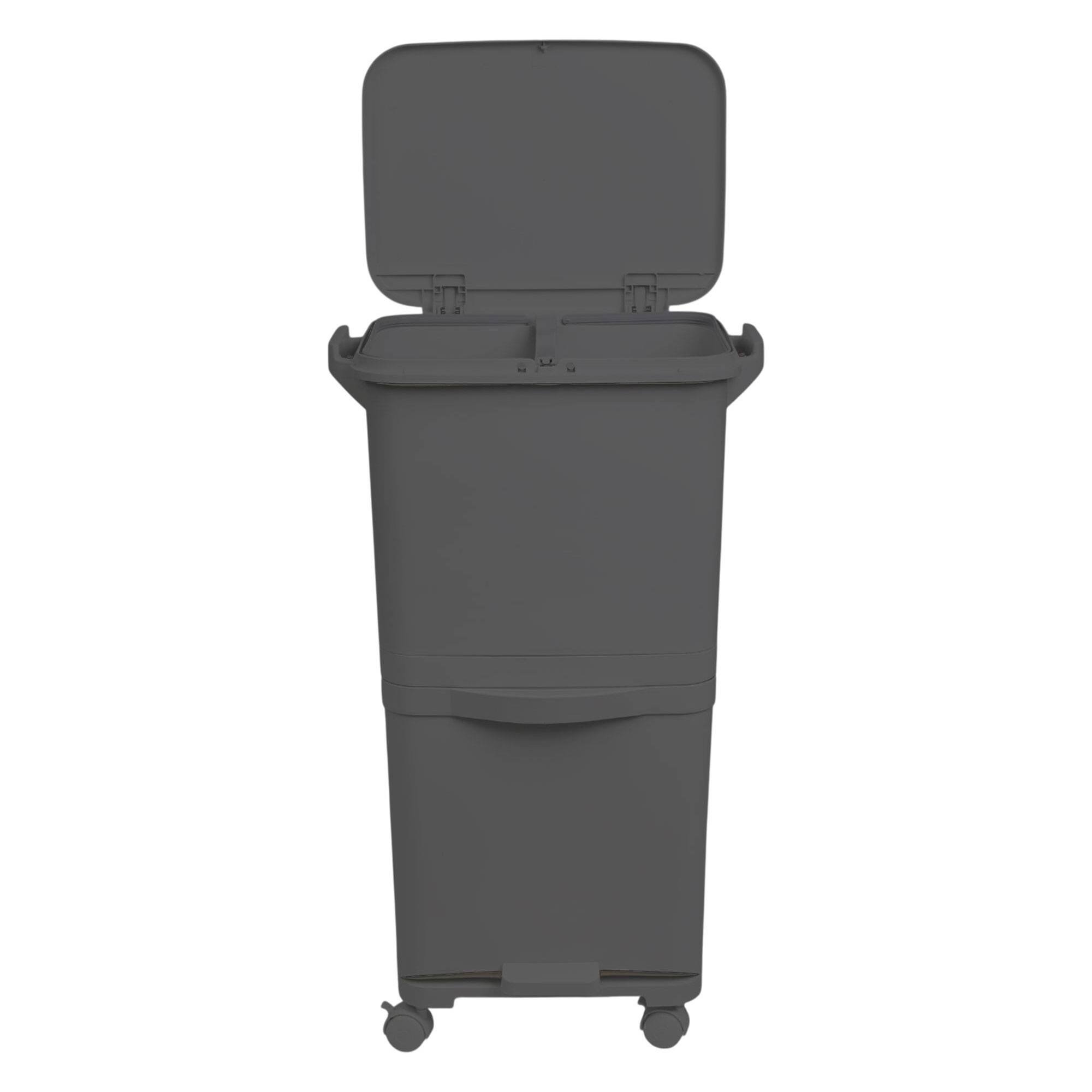 Papelera de reciclaje de clasificación selectiva con pedal, rudas y asa de doble compartimentos color negro antracita de 38l (24l + 14l)