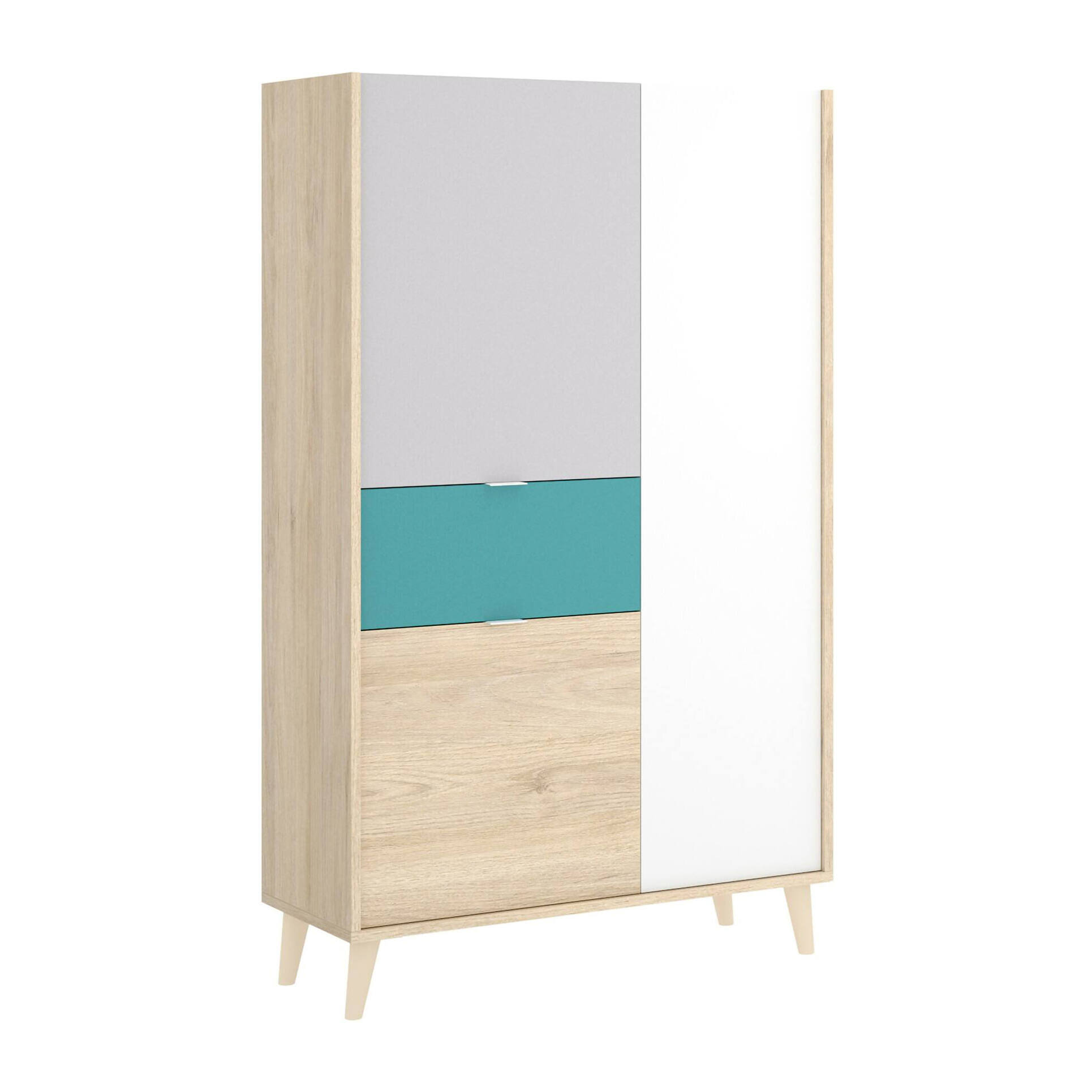 Credenza Duan, Buffet dispensa da soggiorno, Madia moderna da salotto a 3 ante, 81x43h137 cm, Bianco e Rovere