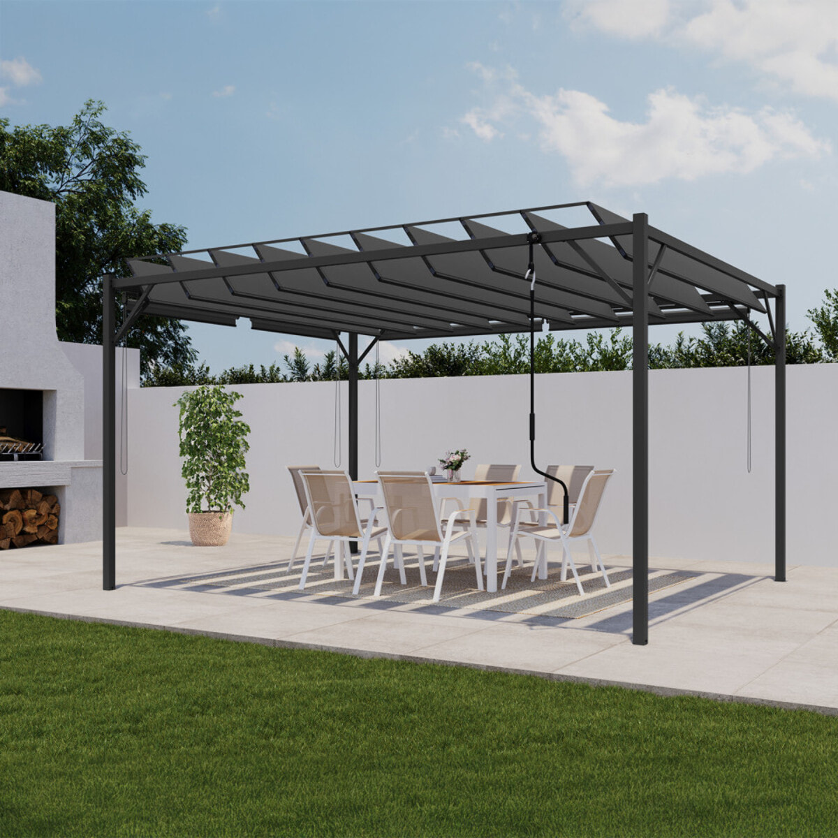 Pergola Venice 3x4m toit lames orientables + 4 stores gris