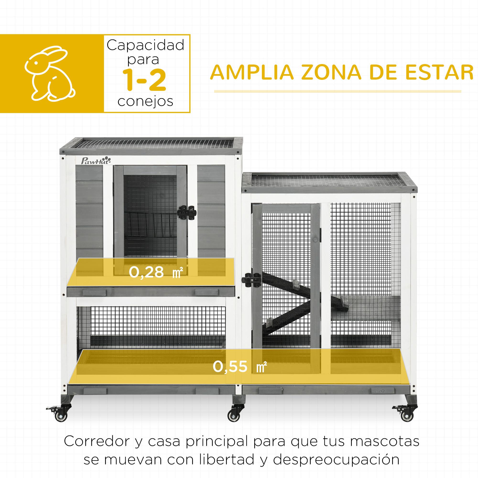 Conejera de Madera para Interior Jaula para Conejos Mascotas Pequeñas de 2 Niveles con 6 Ruedas 2 Escaleras 3 Bandejas Extraíbles y Zona Abierta 110x50x86 cm Gris