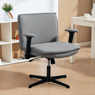 Silla de Oficina Piernas Cruzadas, Silla de Escritorio con Reposabrazos Abatible, Asiento Ancho, sin Ruedas, Altura Ajustable, Giratoria, Función Basculante, Tapizada en Lino, Gris