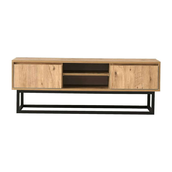 Mobile porta TV Kira, Credenza da soggiorno, Armadio basso per TV, Base parete attrezzata, 180x40h50 cm, Nero e Quercia