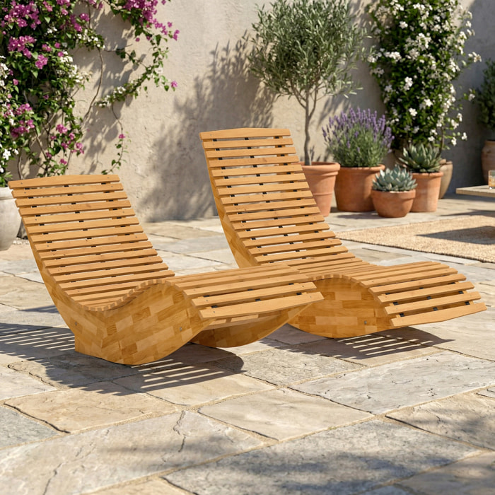 Pack de 2 Sillas Mecedoras de Jardín de Madera, Mecedoras para Exterior Ergonómica Plegables con Diseño Listonado, para Balcón, Terraza, Patio, Carga 120 kg, 60x156x77 cm, Natural