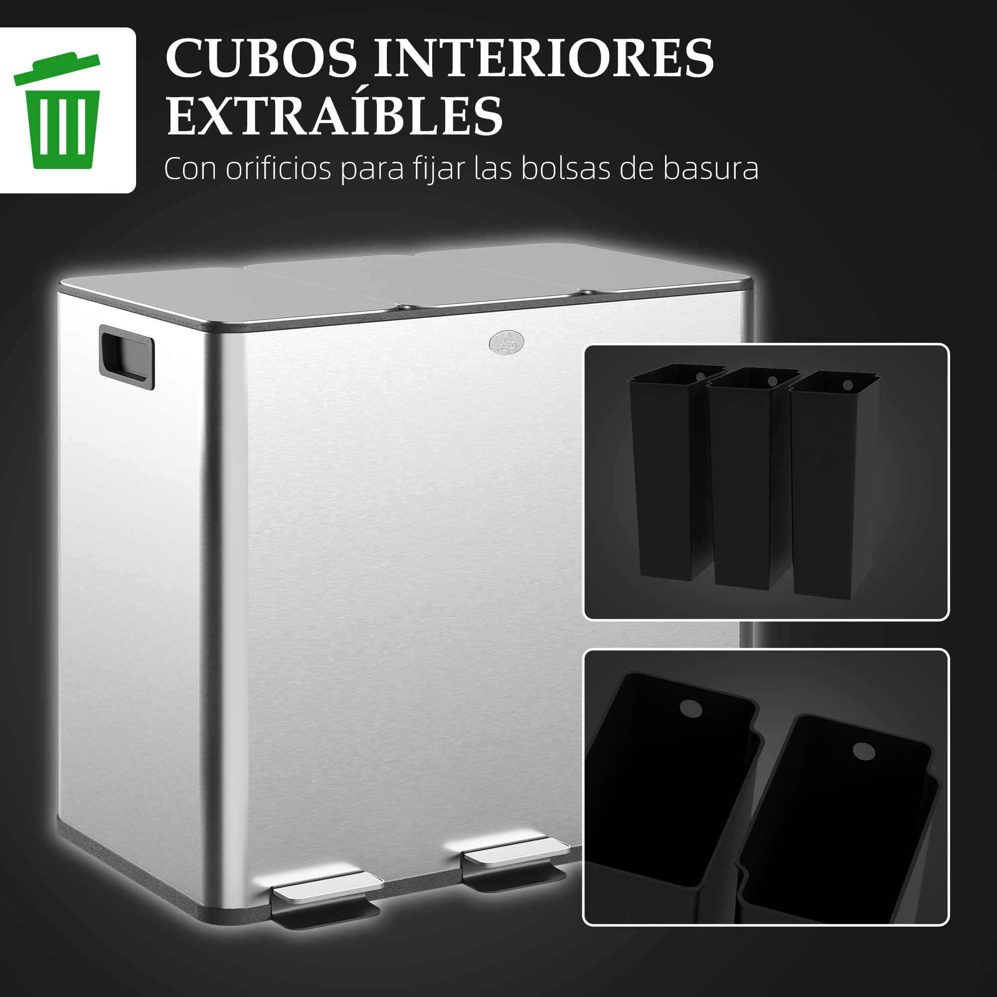 Cubo de Basura de Cocina con 3 Compartimentos 3x15L Papelera de Cocina de Acero Inoxidable con Pedales Tapas de Cierre Suave y Cubo Extraíble para Dormitorio Oficina Salón Plata