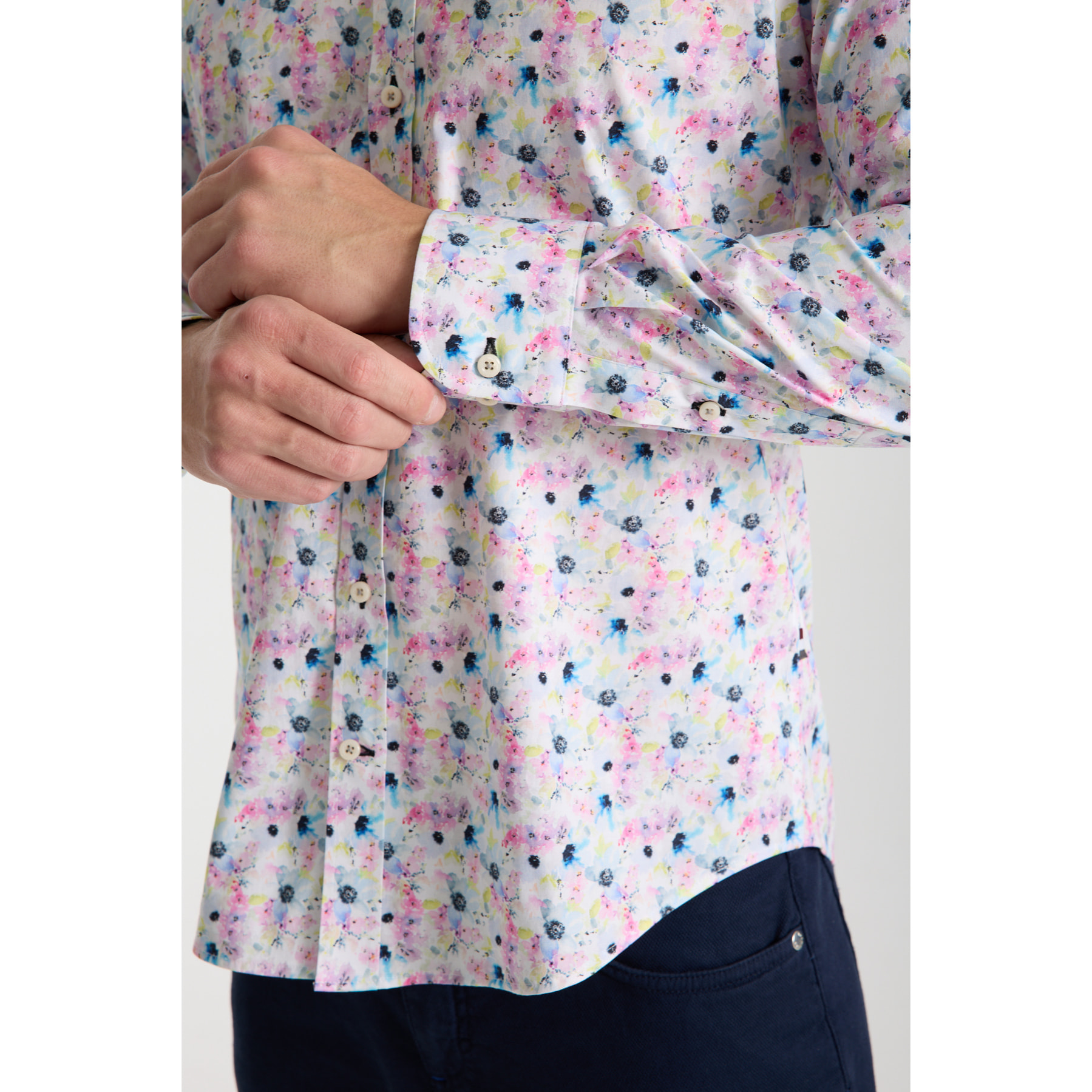 camicia uomo 1 bottone button down slim Popeline Stretch Stampato Bianco Rosa Cipria