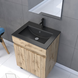 Meuble salle de bain 60x80 - Finition chene naturel + vasque noire + miroir Led - TIMBER 60 - Pack19