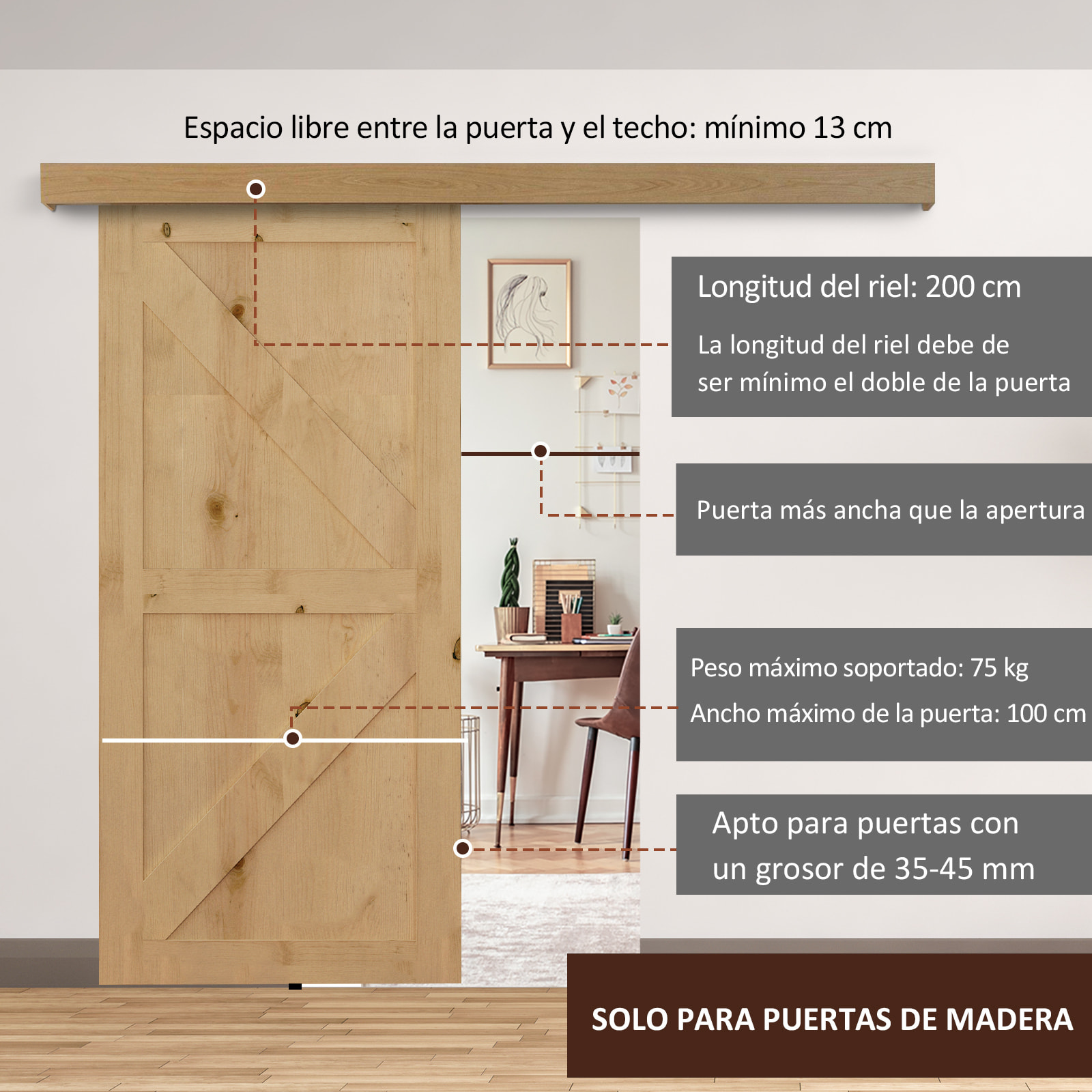 Kit de Herrajes para Puerta Corredera 200 cm Guía de Puerta Corrediza Riel Madera Accesorios Aleación de Aluminio Marrón