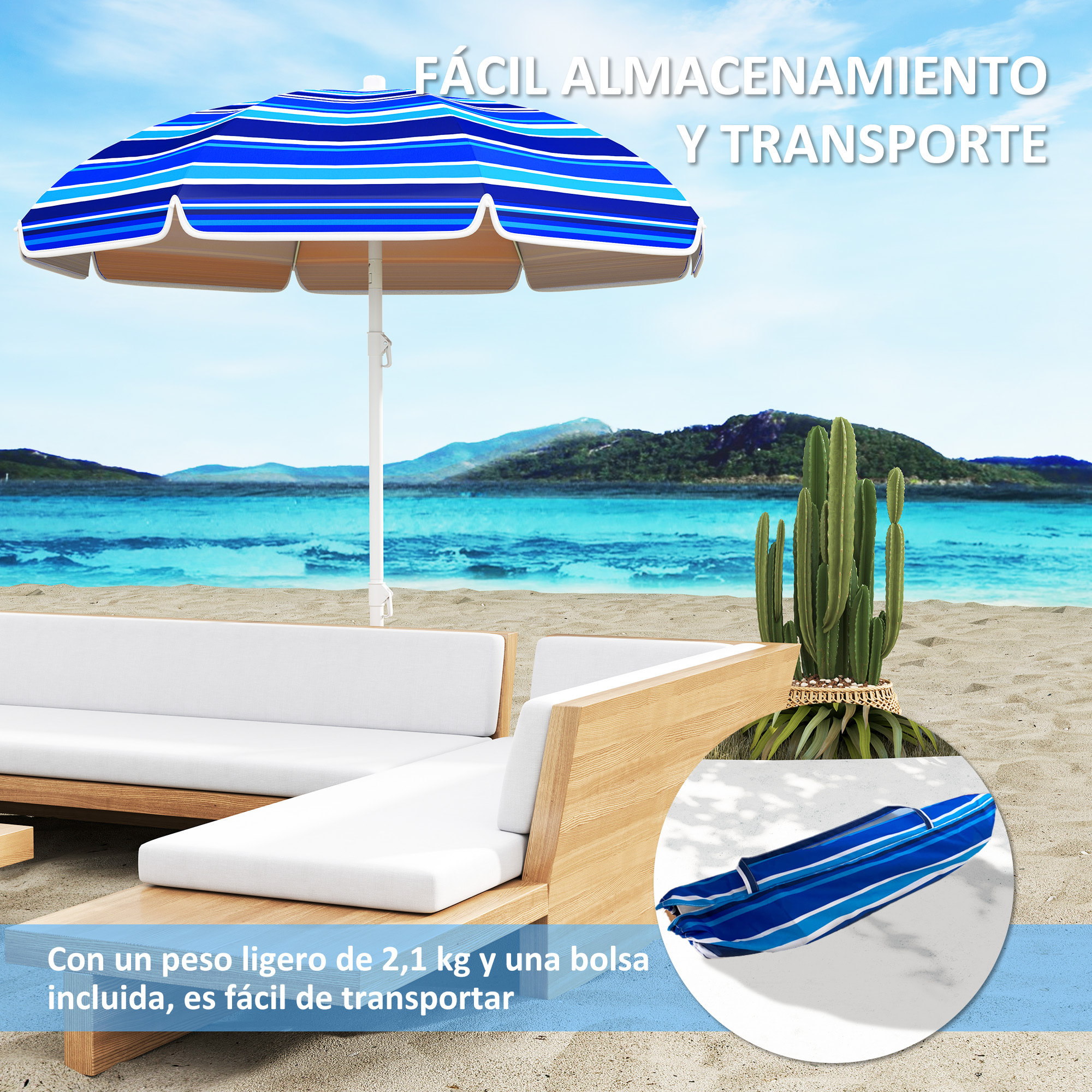 Sombrilla de Playa Grande Ø180 cm Sombrilla de Terraza Exterior Plegable con Ángulo Ajustable Protección UV50+ Impermeable Mástil de Ø32 mm Multicolor
