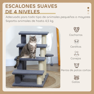 Escalera para Gatos de 4 Niveles Escalera para Mascotas Cubierto de Suave Felpa Poste de Sisal Bola Colgante Árbol Rascador para Gatos 60x40x64 cm Gris