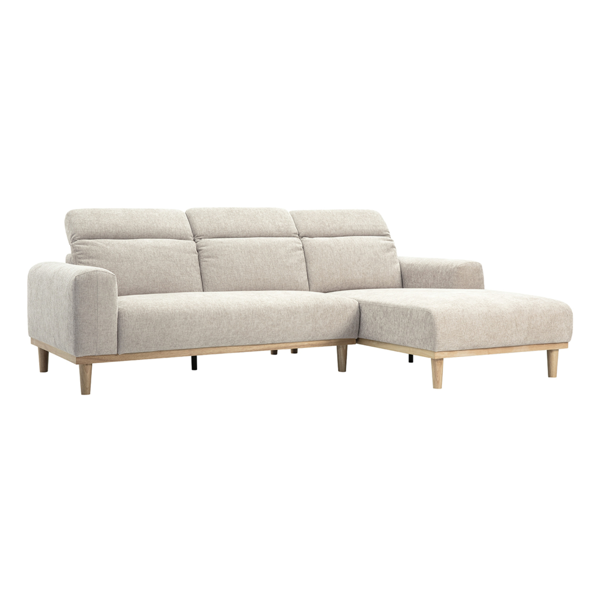Canapé d'angle droit 3 places avec têtières ajustables en tissu effet velours texturé beige et bois clair HORACIO
