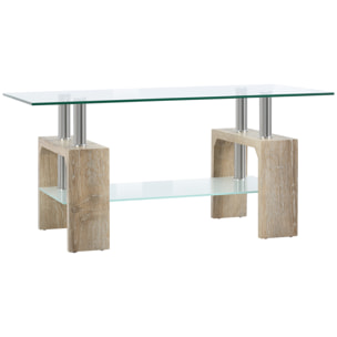 HOMCOM Mesa de Centro Rectangular Mesa Auxiliar de Salón con 2 Estantes de Vidrio Templado Marco de Acero Inoxidable y Patas de Madera Estilo Moderno 90x50x42 cm Natural