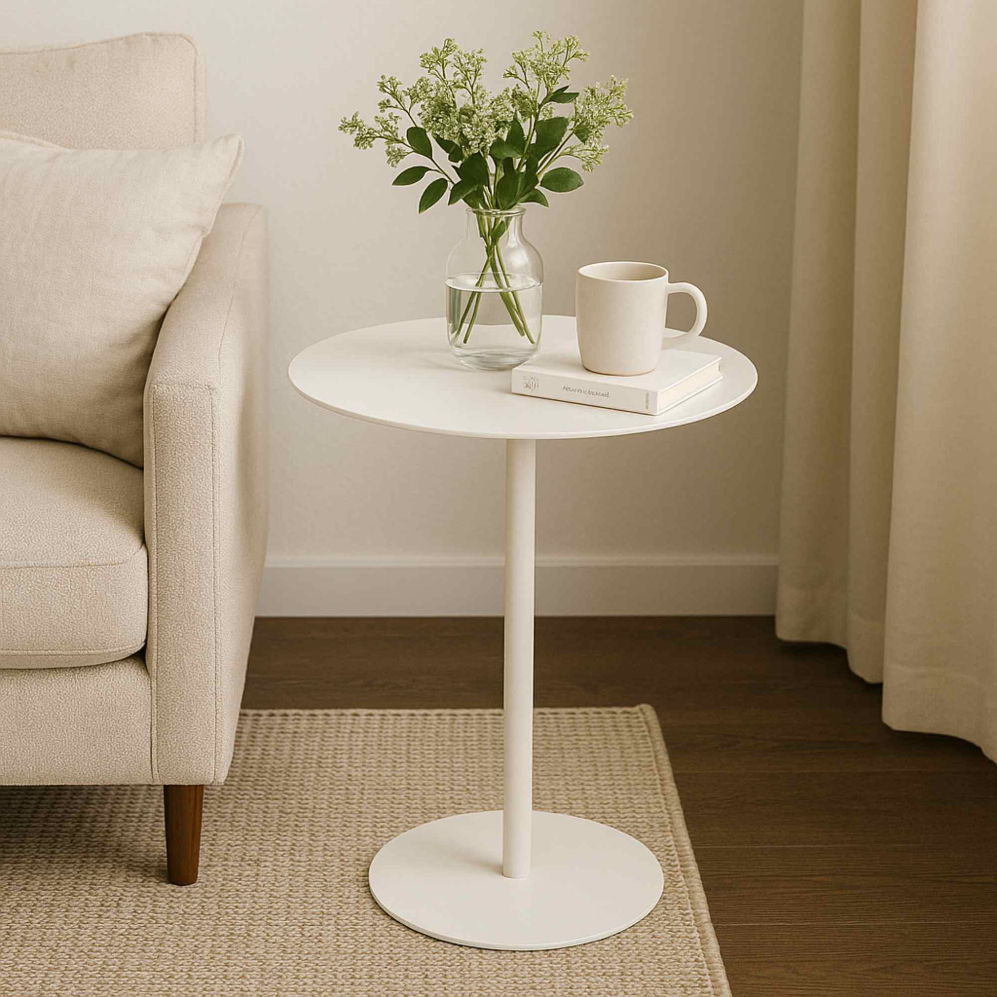 Mesa auxiliar redonda de hierro blanco diseño versátil y ligero para decorar tu hogar 35x35x53cm