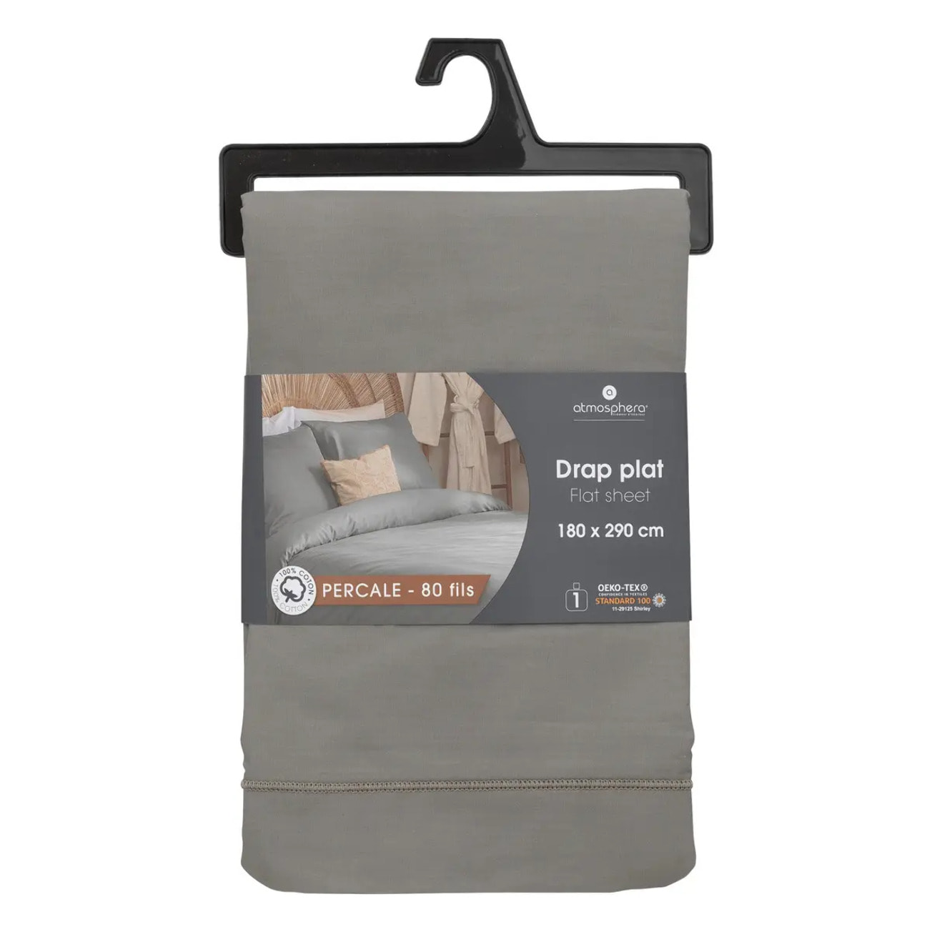 Drap plat percale gris 180x290cm