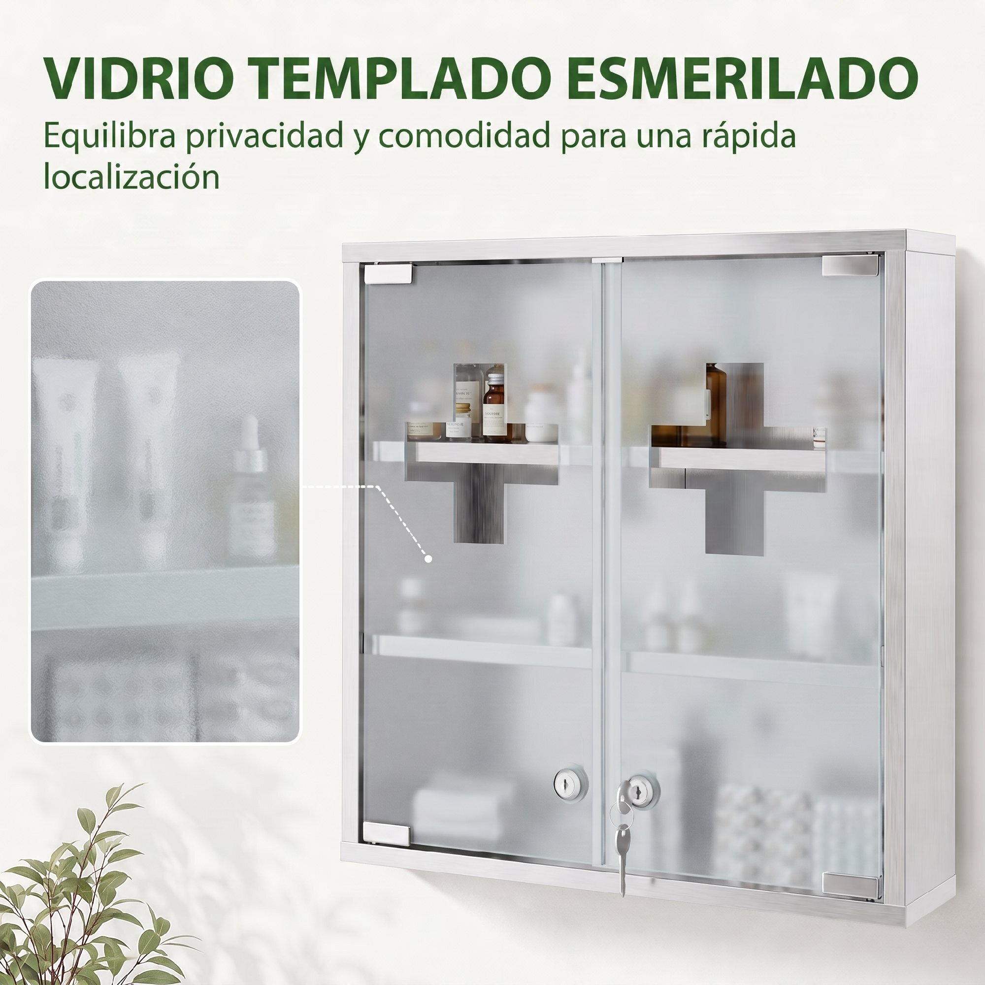 Botiquín de Pared de Primeros Auxilios, Botiquín de Medicinas de 3 Niveles con 2 Puertas de Cristal, Estantes, Cerradura y 2 Llaves, para Baño, Cocina, 46x12x48 cm, Plateado