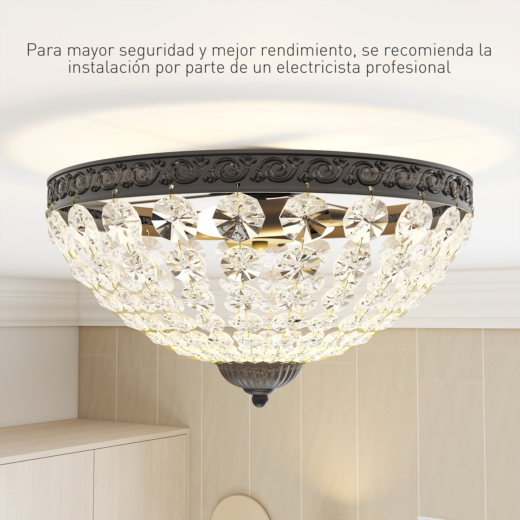 Lámpara de Techo de Cristal Clásica con 2 Casquillos E14, 40W, Plafón de Techo Vintage con 168 Cuentas de Cristal para Dormitorio, Salón, Cocina y Comedor, Negro