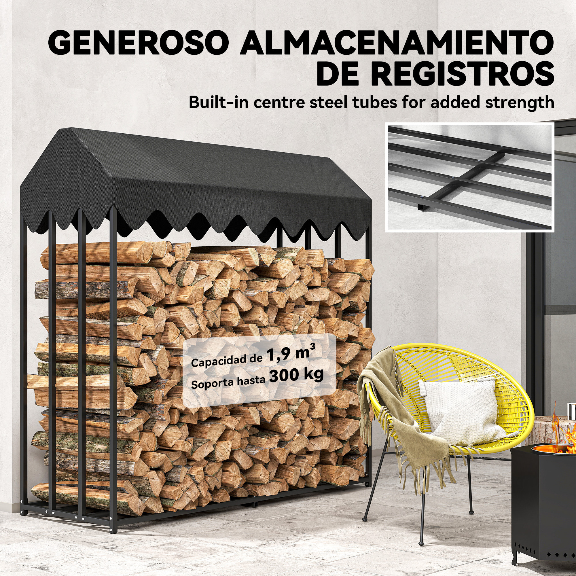 Estante de Leña Metálico, 186x70x185 cm, Leñero Exterior con Cubierta Impermeable 600D Oxford, Marco de Acero, Soporte para Leña de Chimenea, Carga 300 kg, para Jardín, Terraza