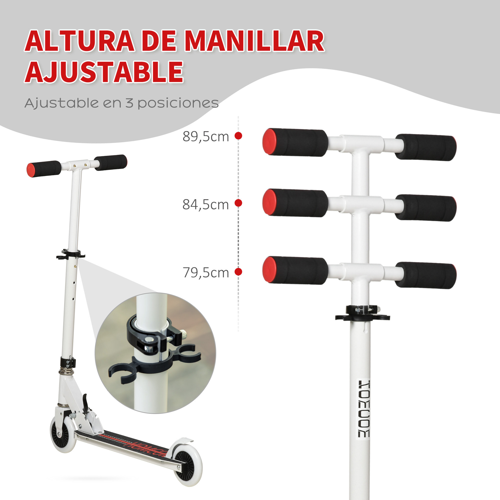 Patinete para Niños +3 Años Plegable con Altura Ajustable de 79,5-89,5 cm Blanco