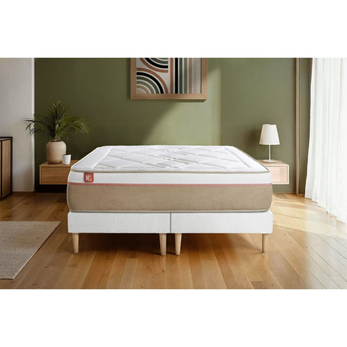 Ensemble Matelas Le Soyeux - 24cm - Ressorts ensachés et mémoire de forme - Equilibré - Sommier Tapissier Blanc