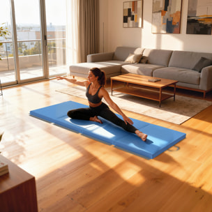 Tapis de gym yoga fitness pliable - poignée - revêtement synthétique - bleu