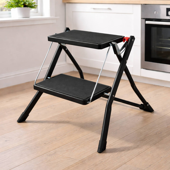 Escalera plegable de 2 Peldaños en acero de color negro, Antideslizante y ligera