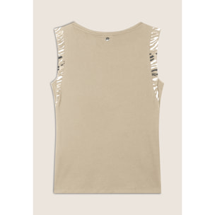 T-shirt senza maniche con dettagli dorati e animalier