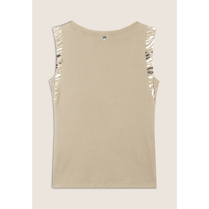 T-shirt senza maniche con dettagli dorati e animalier