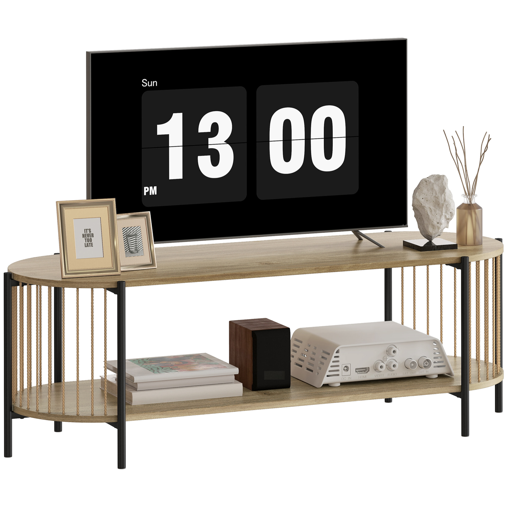 Mueble de TV Bohemio Mesa de TV hasta 55 Pulgadas con Diseño en Cuerda de Papel y 2 Estantes Abiertos para Salón Dormitorio 124x43,5x41 cm Natural