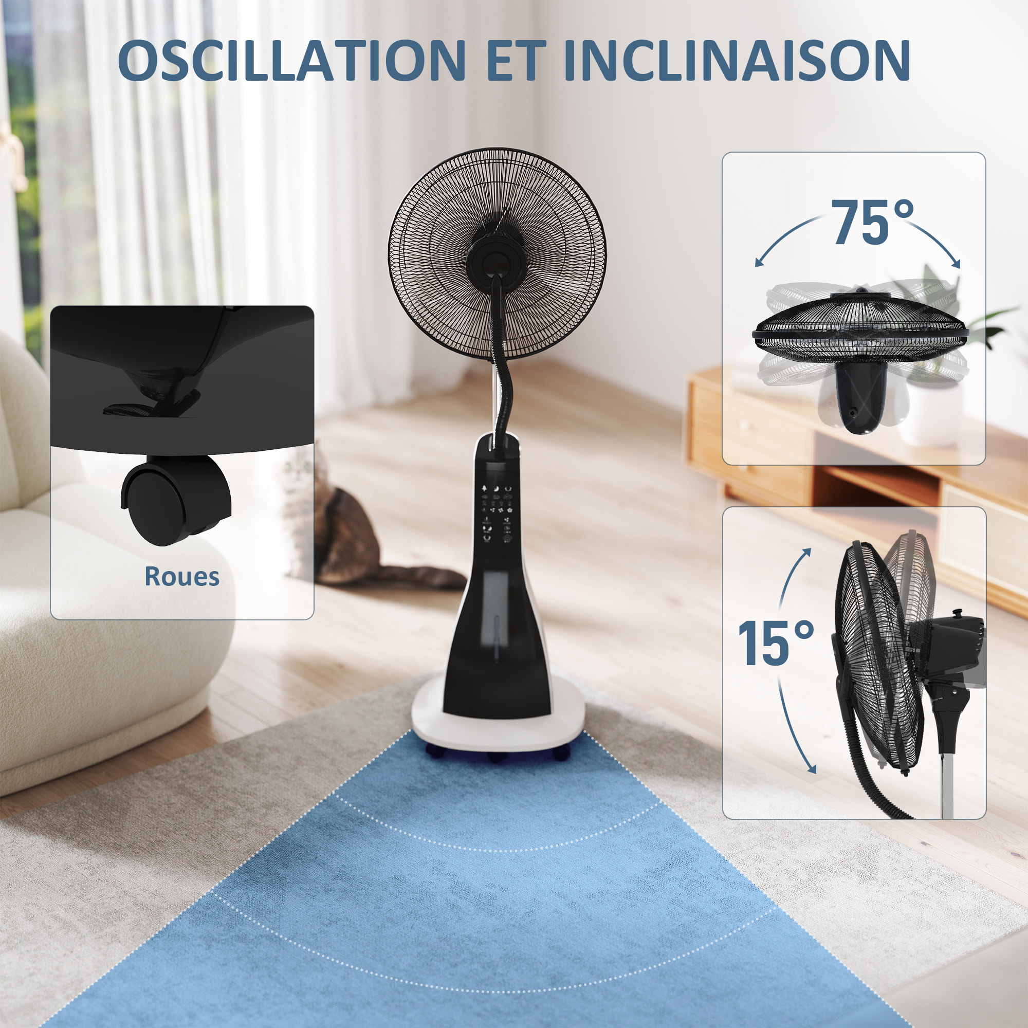 Ventilateur brumisateur oscillant inclinable sur pied roulettes 90W H.125 cm avec télécommande