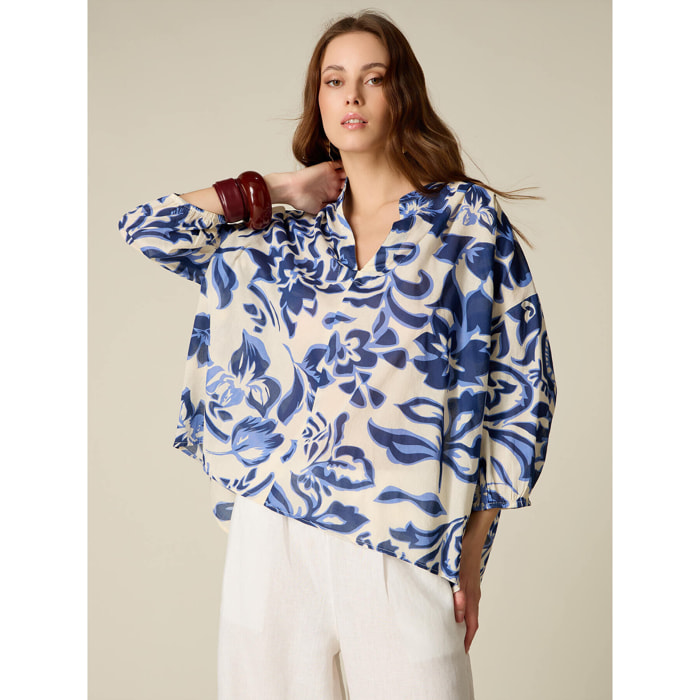 Oltre - Blusa in cotone fantasia - Blu