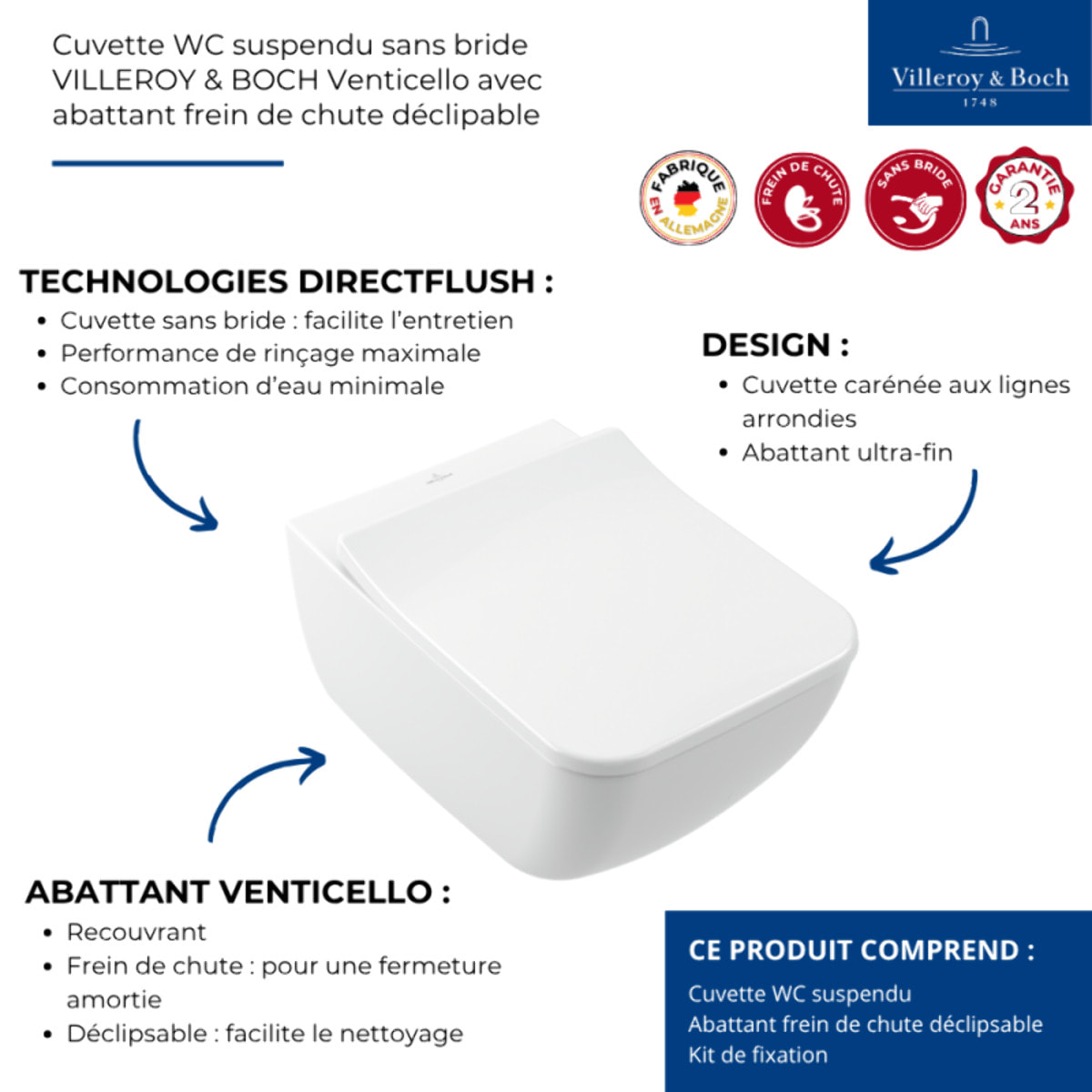 Cuvette WC suspendu sans bride VILLEROY & BOCH Venticello avec abattant frein de chute déclipable