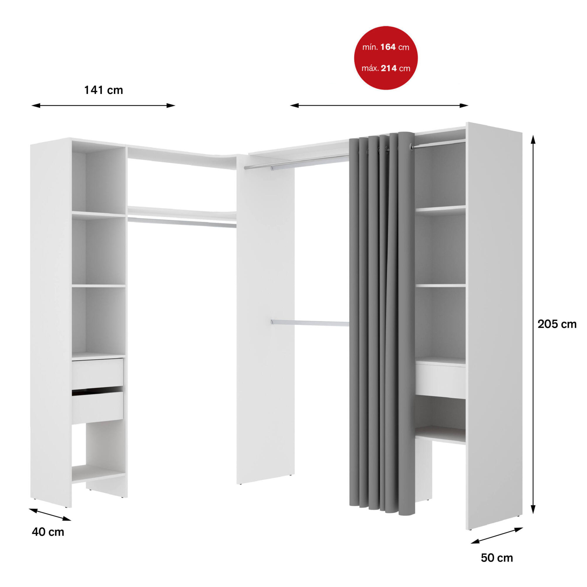 Guardaroba grande Pali, Mobile camera da letto, Cabina armadio portabiti, Armadio appendiabiti, 214x141 h205 cm, Bianco