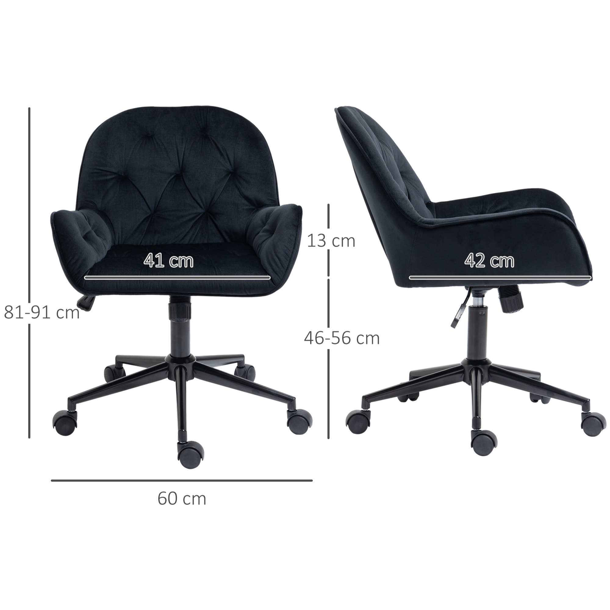 Chaise de bureau velours design Chesterfield effet capitonné piètement métal noir