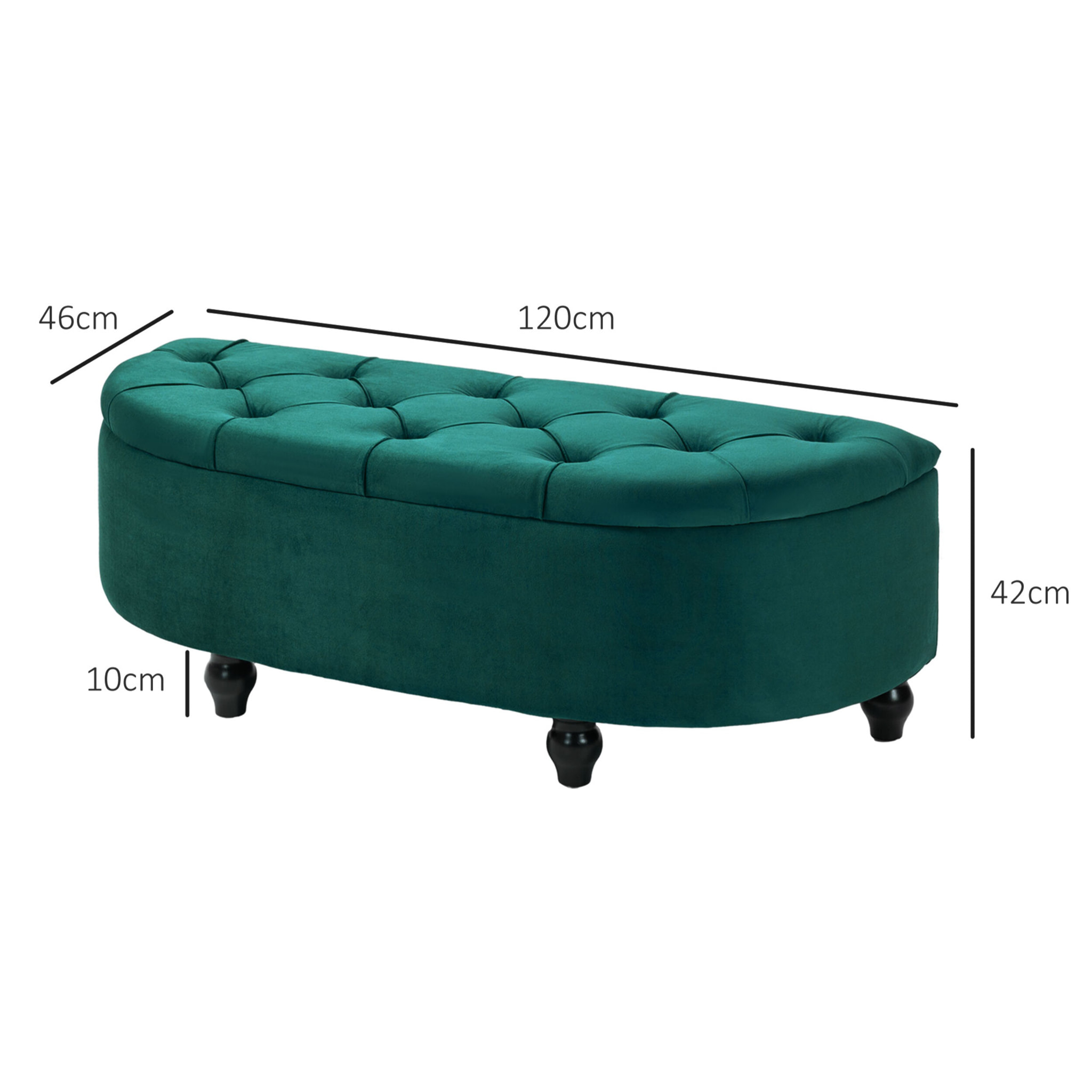 Pouf de rangement coffre 2 en 1 - pouf design classique chic capitonné demi-cercle - pieds bois hévéa noir revêtement velours vert emeraude