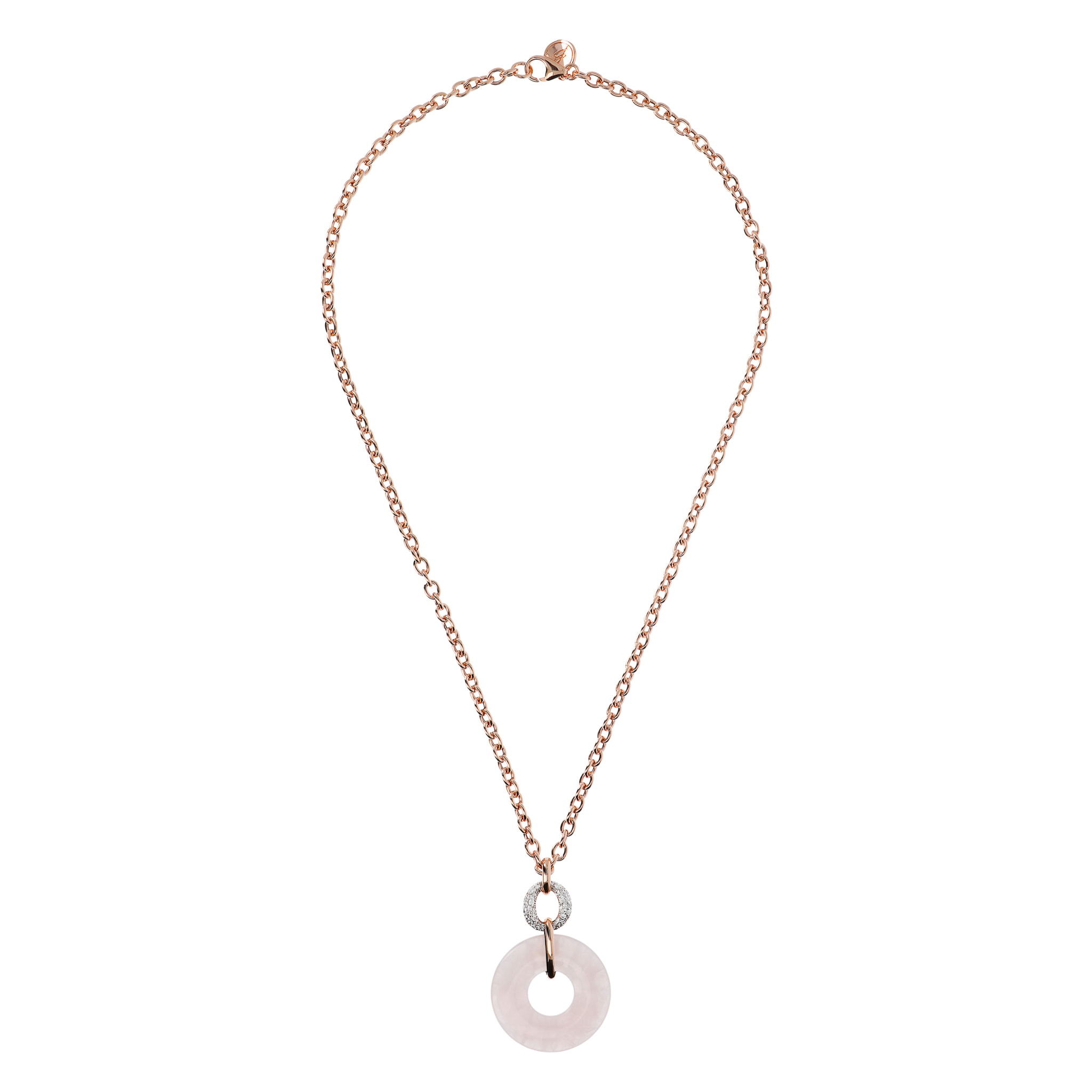 Collana Catena Rolo con Pendente Doppio Cerchio in Quarzo Rosa e Cubic Zirconia