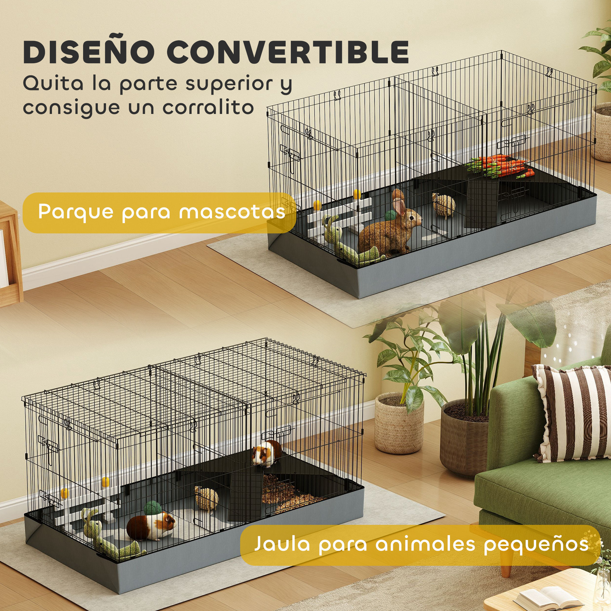 Jaula para Animales Pequeños 2 en 1 Parque para Mascotas Recinto para Conejos con Tapa Removible para Cobayas Erizos 121x61x61 cm Negro